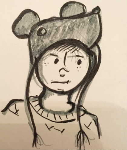 A pencil? and ink drawing of a person with freckles wearing a mouse hat