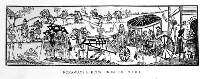 Runaways fleeing from the plague, a woodcut from 'A Looking-glasse for City and Countrey', printed by H. Gosson in 1630