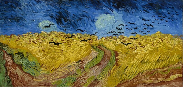 Van Gogh painting of a wheat field with crows as little tiny Vs. The painting is ominous and beautiful.