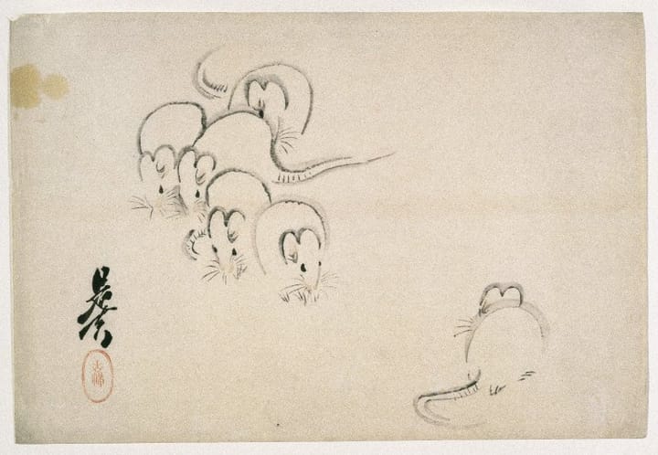 Old Japanese woodblock print of a group of five mice with one mouse in the far corner.