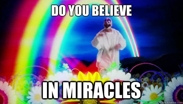 ICP meme with the words "Do You Believe in Miracles" written in meme text and a Juggalo clown standing in a oversaturated daisy field with a rainbow.